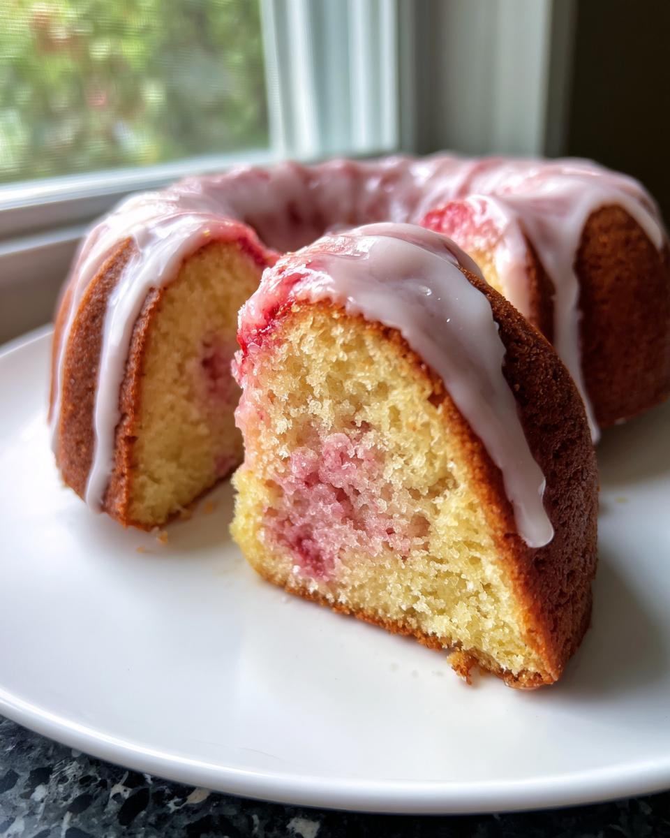 A slice cut from a strawberry honeybun cake, showing the moist interior and white glaze drizzled over the top.