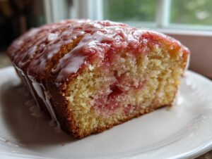 Close-up of a slice of moist strawberry honeybun cake topped with a thick white glaze.