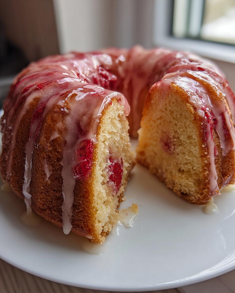 Close-up of a strawberry honeybun cake, sliced to show the interior with strawberries, drizzled with a thick white and pink glaze.