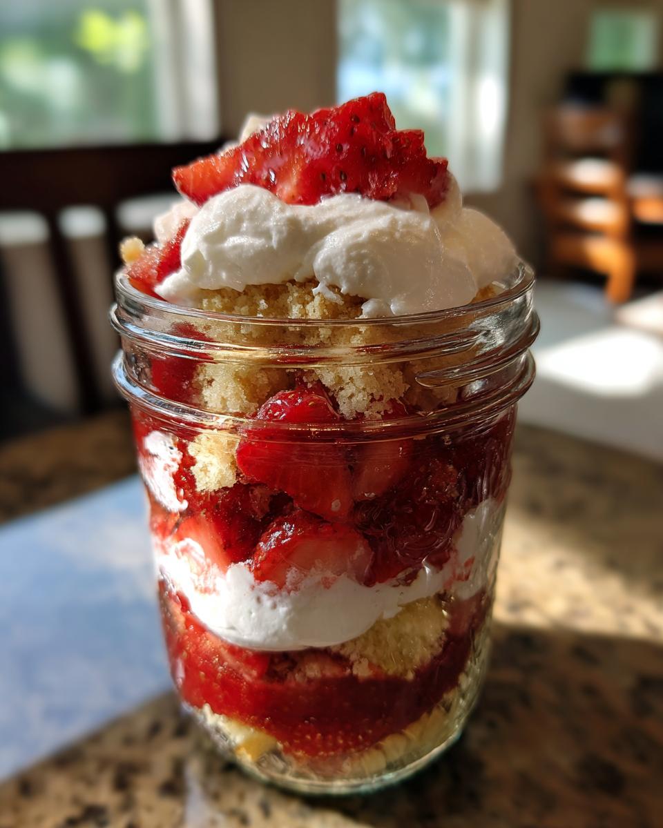 A close-up of delicious strawberry shortcake parfaits layered with cake, macerated strawberries, and whipped cream in a glass jar.