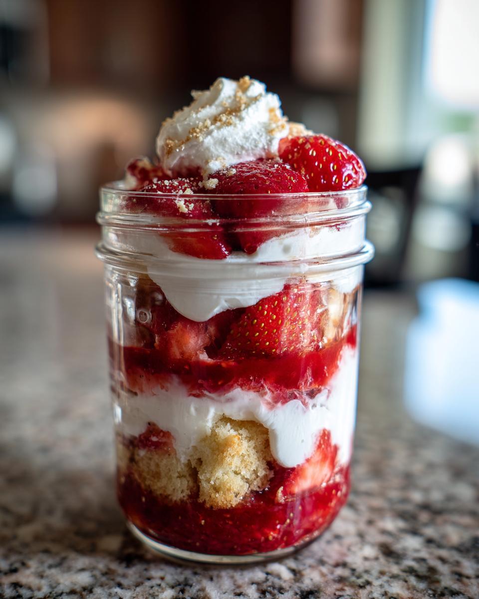 Close-up of layered strawberry shortcake parfaits in a mason jar with whipped cream and crumbs.
