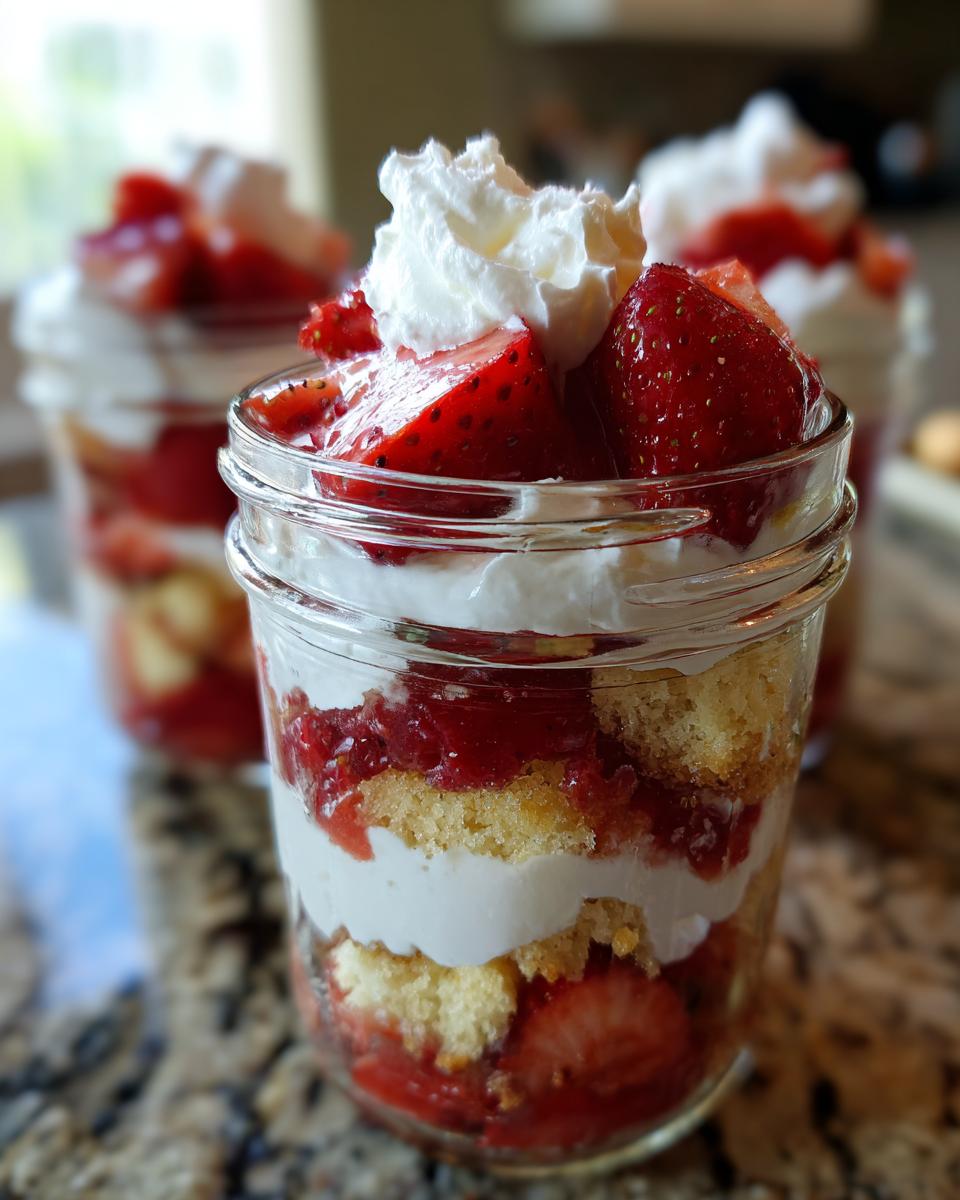 Close-up of layered strawberry shortcake parfaits in small glass jars, topped with whipped cream and fresh strawberries.