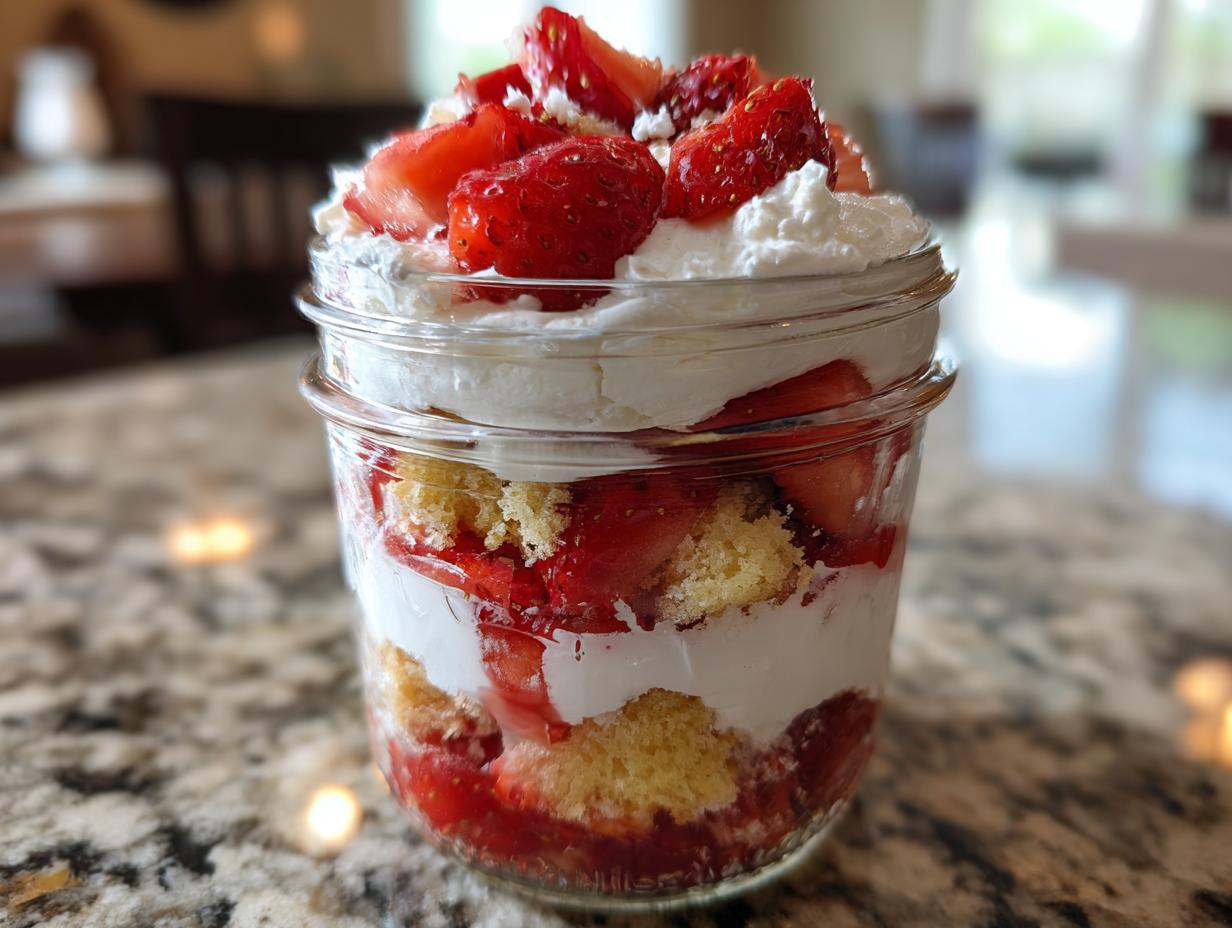 Close-up of layered strawberry shortcake parfaits in a mason jar with whipped cream and fresh strawberries.