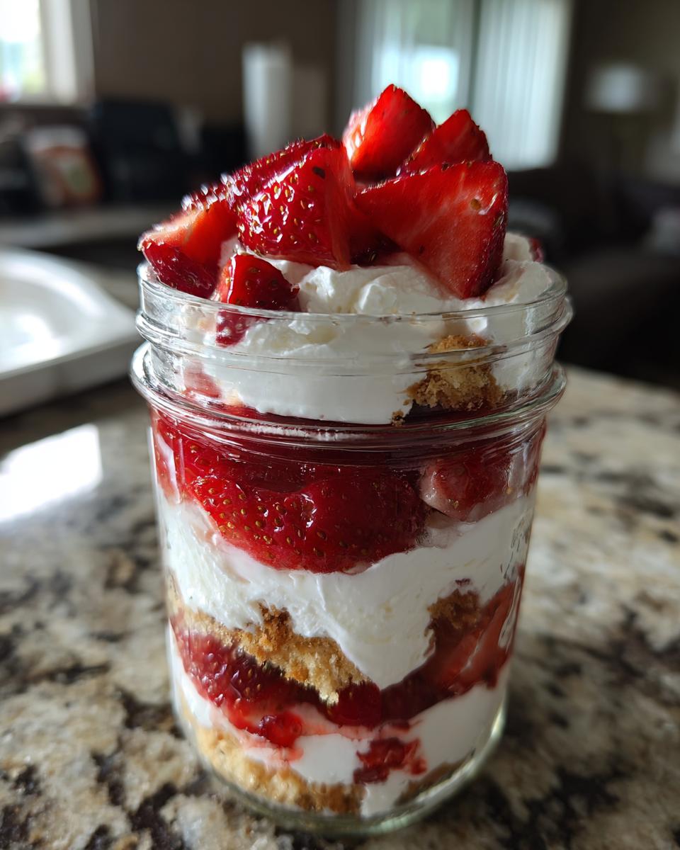 A close-up of delicious strawberry shortcake parfaits layered with whipped cream and cake in a glass mason jar.
