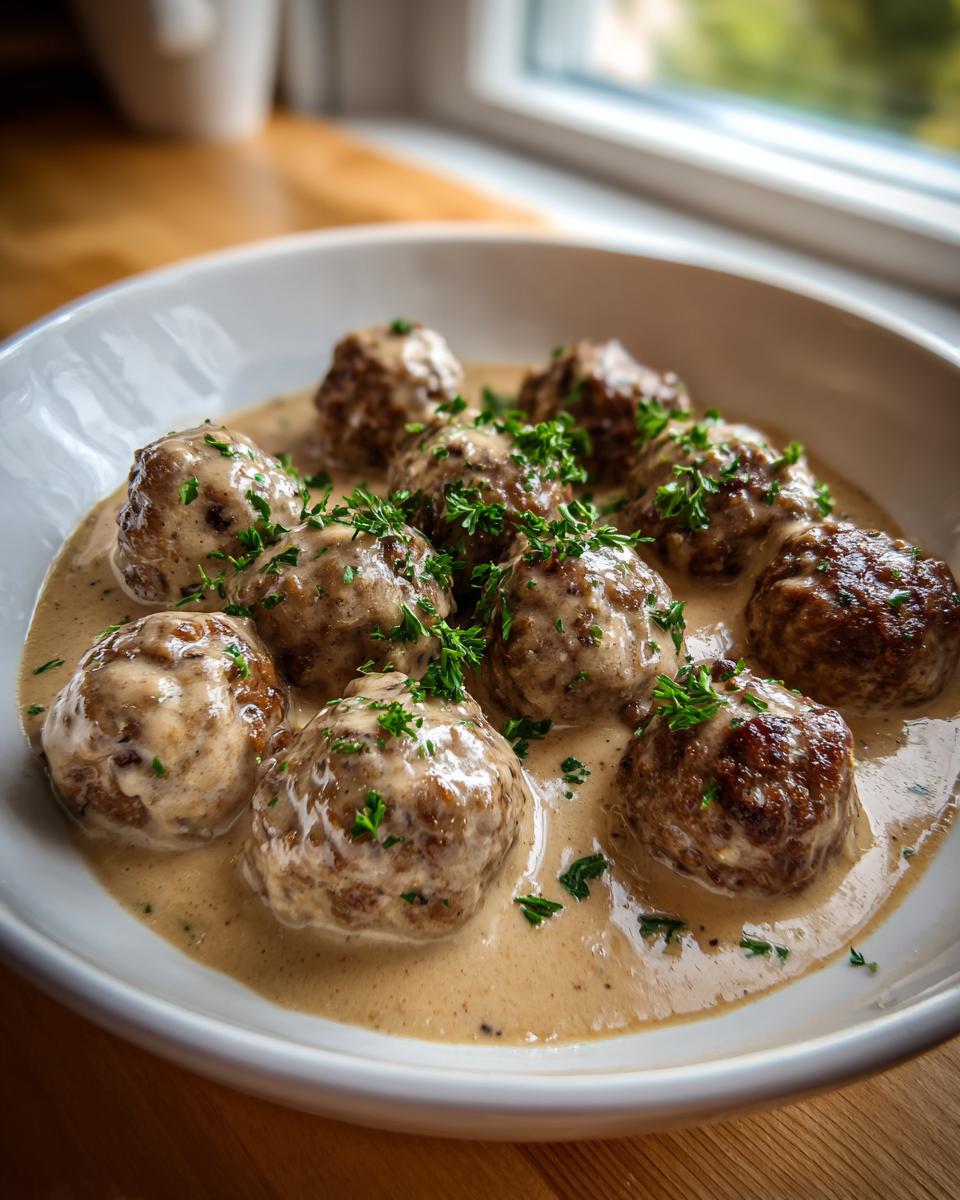 A close-up of several juicy Swedish meatballs smothered in creamy brown gravy and garnished with fresh parsley.