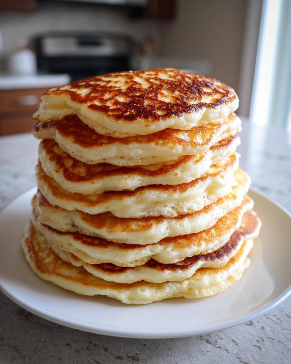 A tall stack of perfectly golden brown buttermilk pancakes piled high on a white plate.