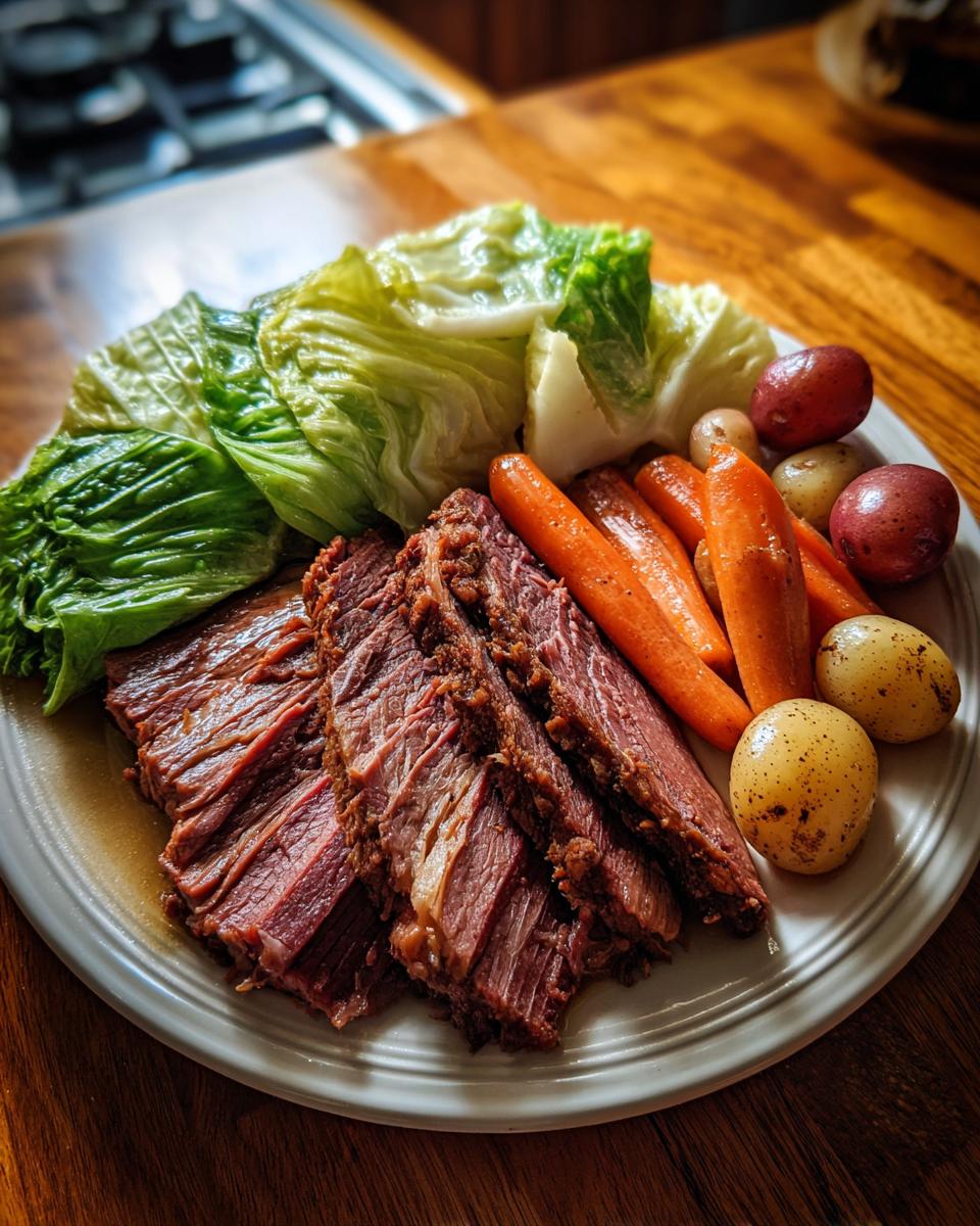 Slices of tender corned beef served with boiled cabbage, carrots, and small potatoes.