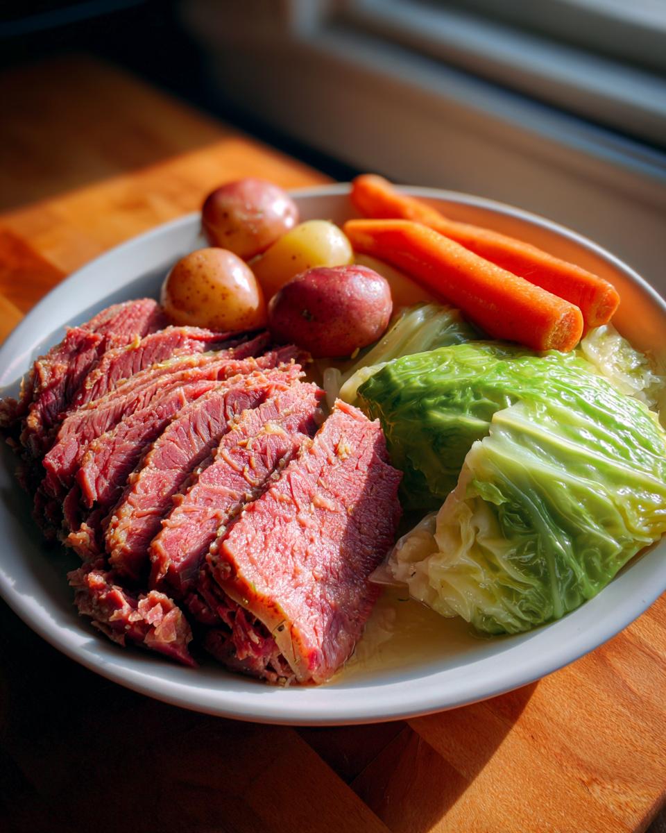 Plate of tender sliced corned beef served with boiled cabbage, carrots, and small potatoes.