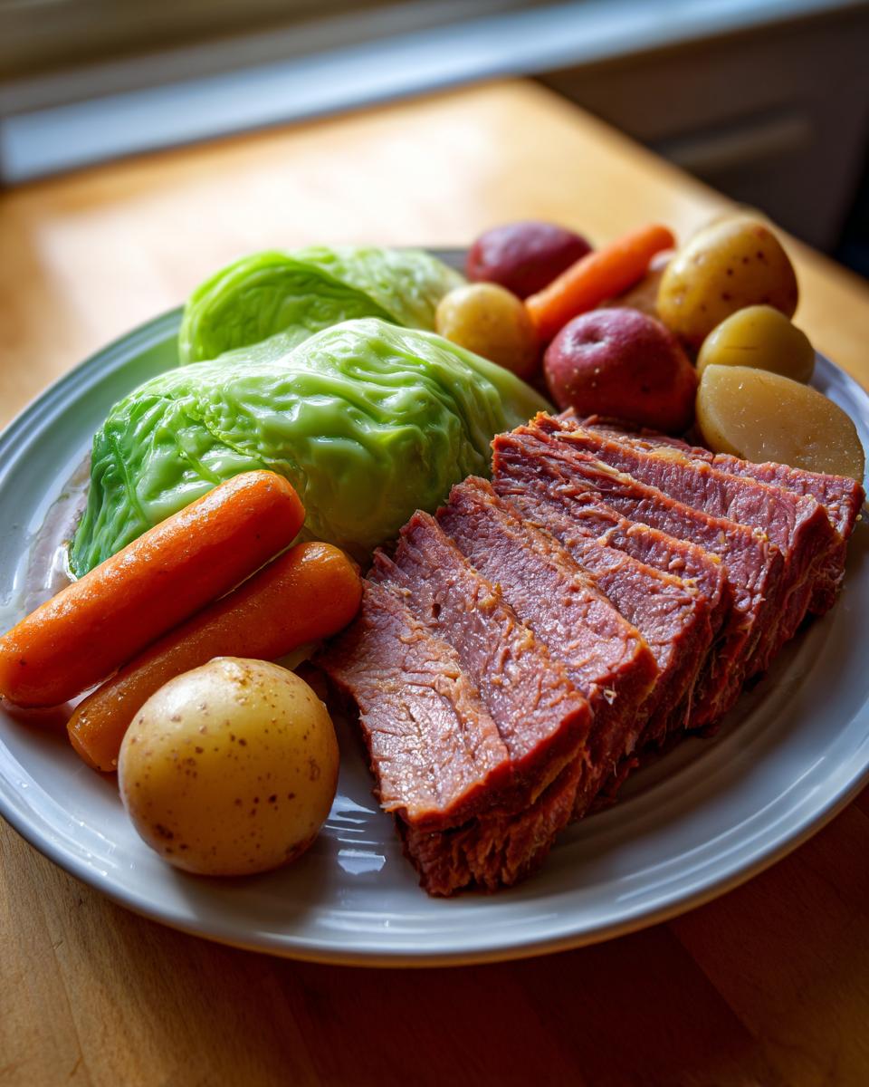 A plate featuring tender slices of corned beef served alongside boiled potatoes, carrots, and wedges of cabbage.