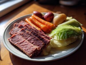 Slices of tender corned beef served on a plate with boiled carrots, potatoes, and cabbage.