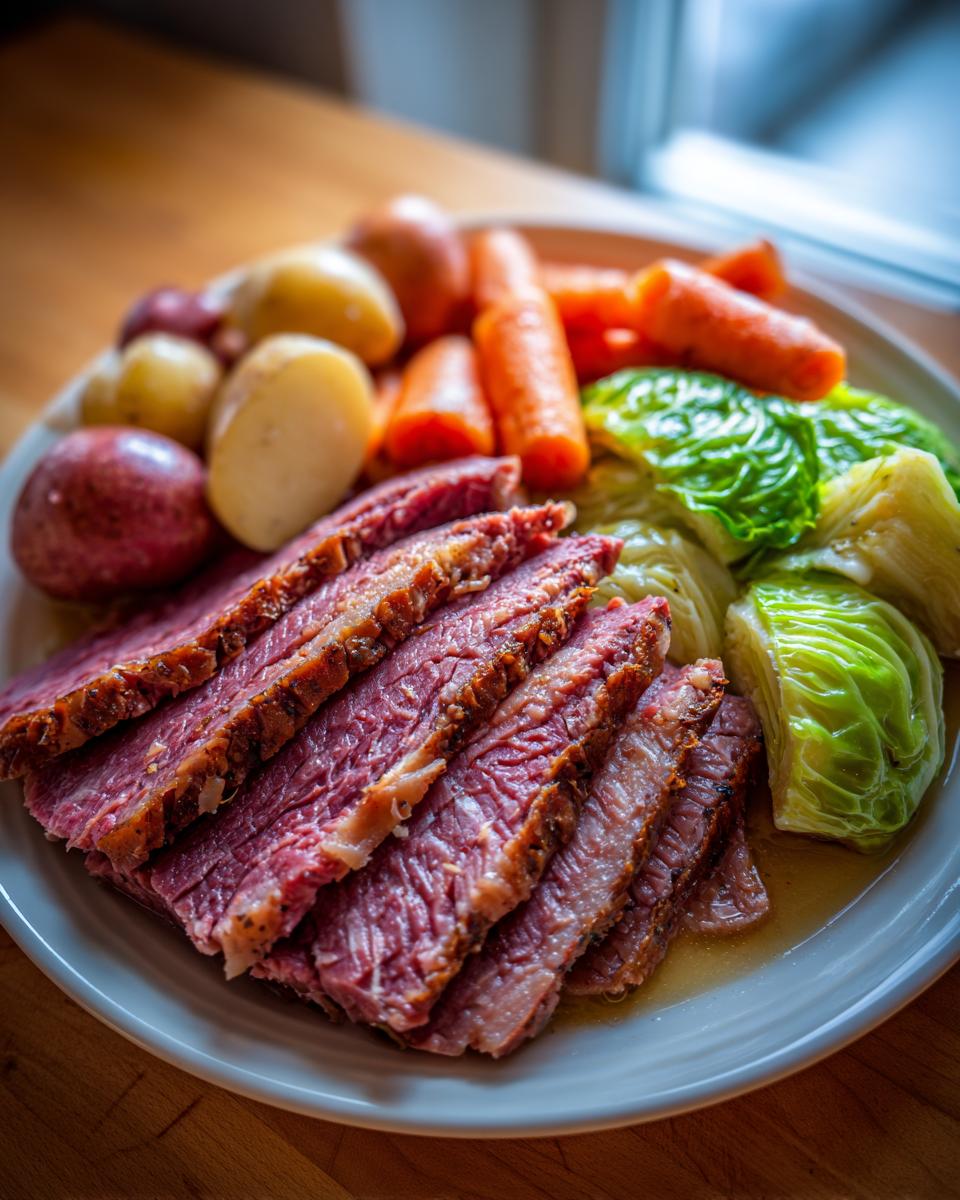 Slices of tender corned beef served alongside boiled potatoes, carrots, and cabbage.