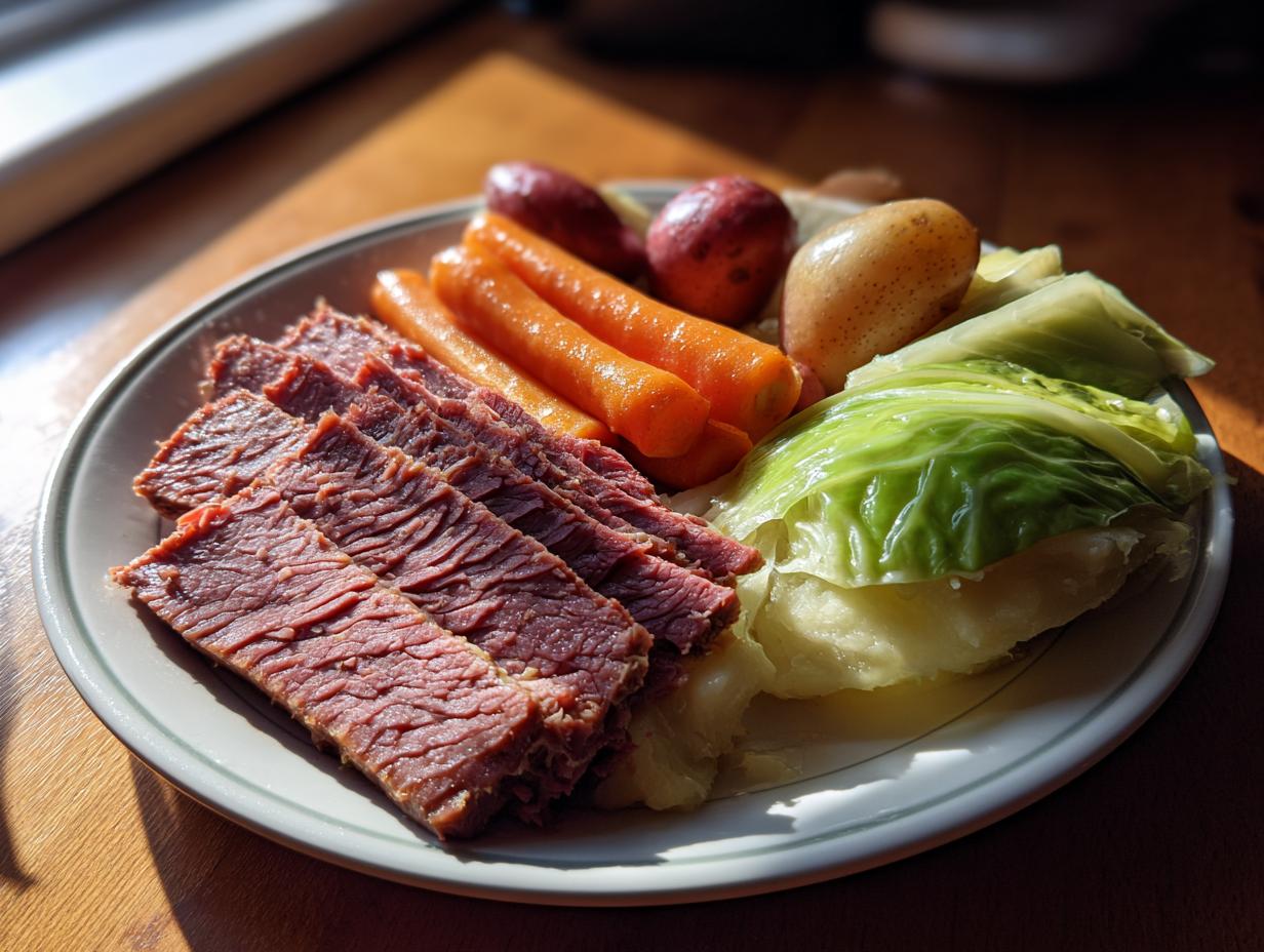 Slices of tender corned beef served on a plate with boiled carrots, potatoes, and cabbage.