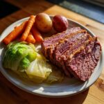 Plate featuring thick slices of tender corned beef served alongside boiled cabbage, carrots, and small potatoes.