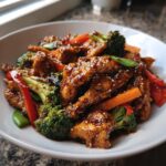 Close-up of glossy, saucy teriyaki chicken stir fry mixed with broccoli, carrots, and red peppers, sprinkled with sesame seeds.