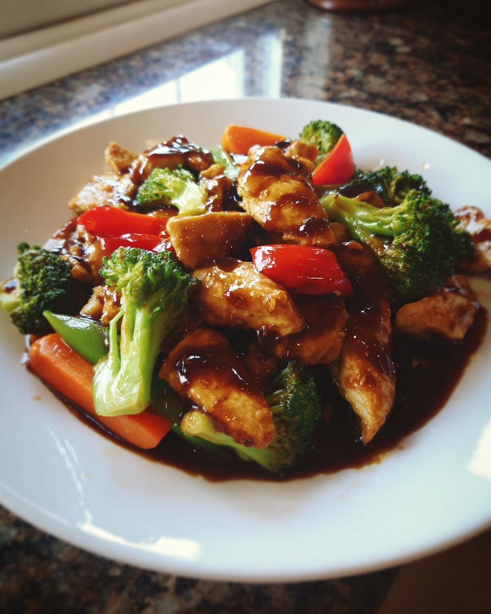 A close-up of a white plate filled with vibrant teriyaki chicken stir fry, featuring chicken pieces, broccoli, carrots, and red peppers coated in teriyaki sauce.