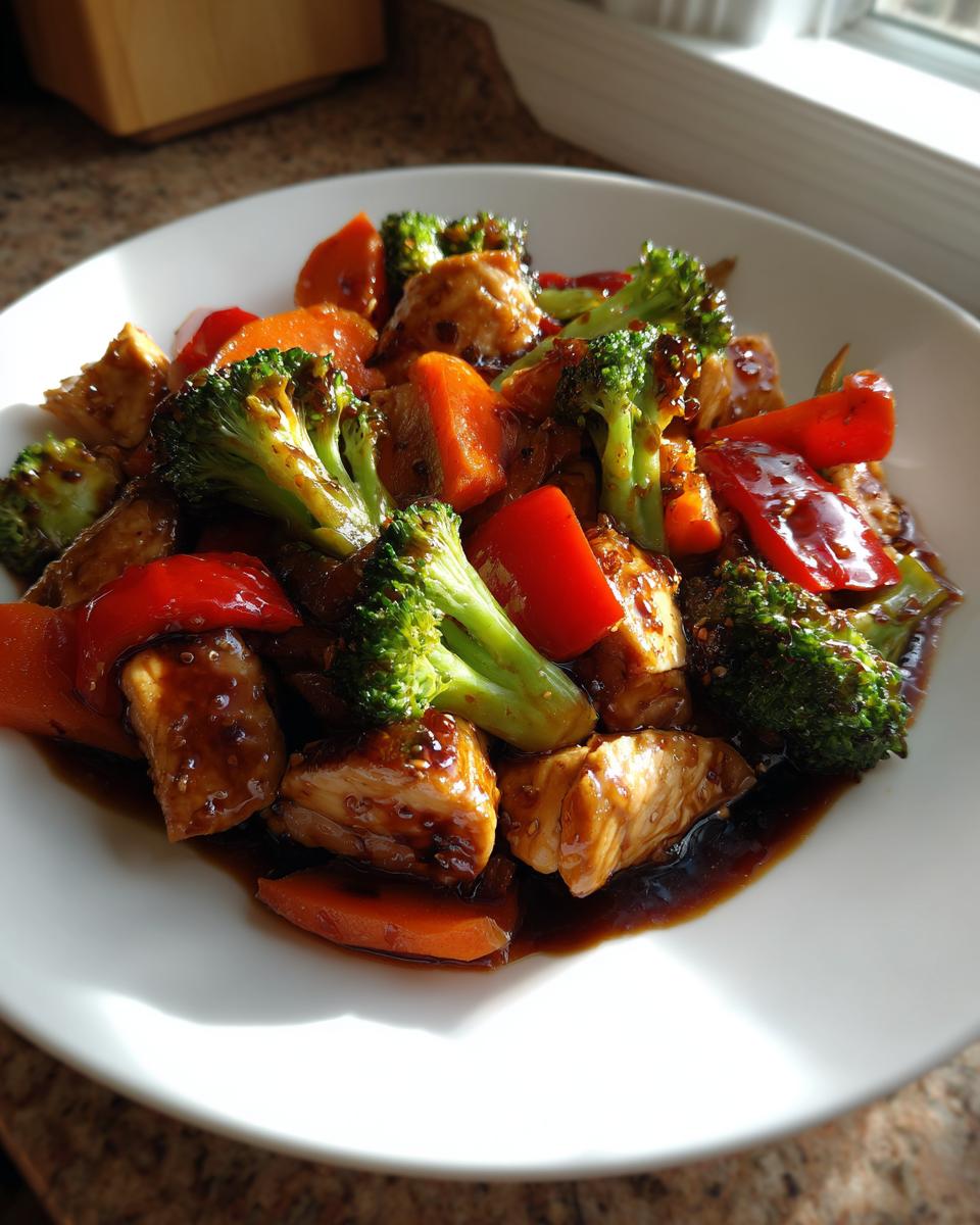 Close-up of glossy teriyaki chicken stir fry featuring bright broccoli, carrots, and red peppers in a dark sauce.