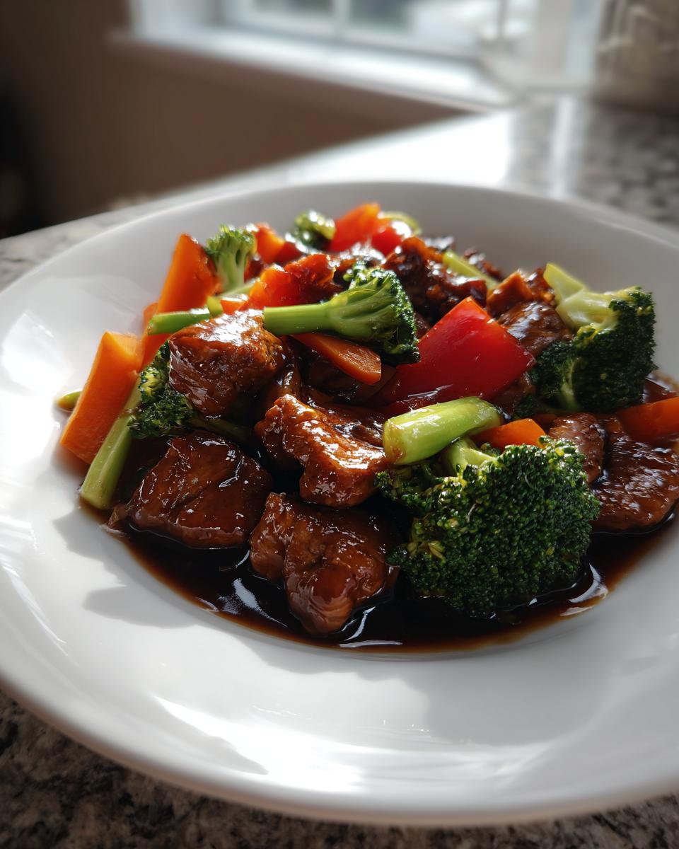 A close-up of glossy, saucy teriyaki chicken stir fry mixed with bright broccoli florets, carrots, and red bell peppers on a white plate.