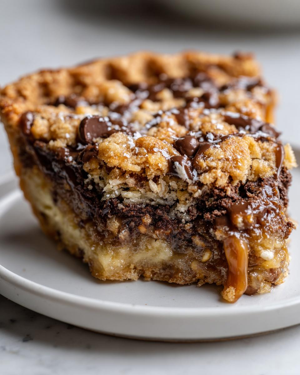 Close-up of a decadent slice of texas trash pie showing layers of crust, chocolate, and gooey caramel dripping down the side.