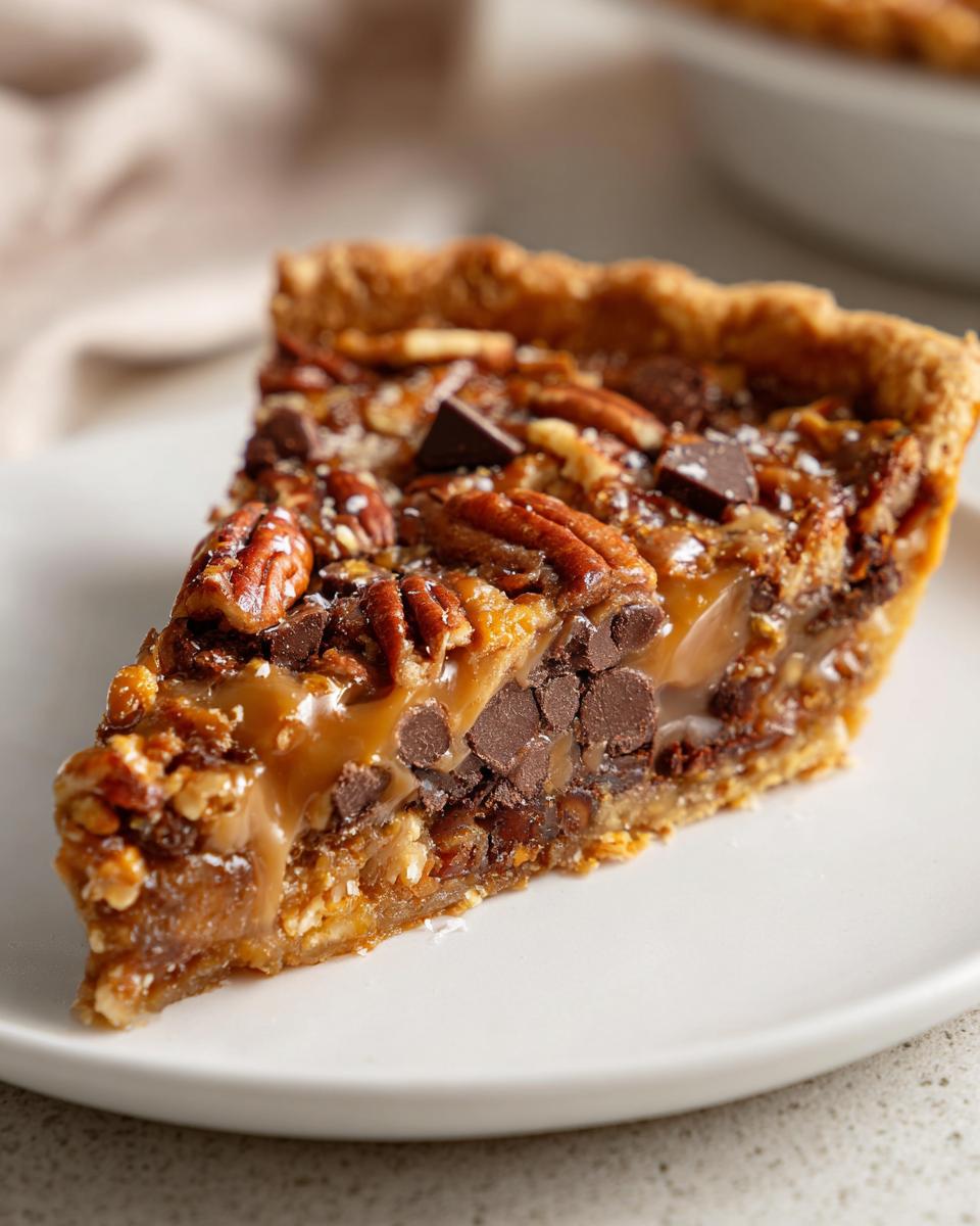 A decadent slice of texas trash pie featuring a gooey caramel filling, pecans, and chocolate chips on a white plate.