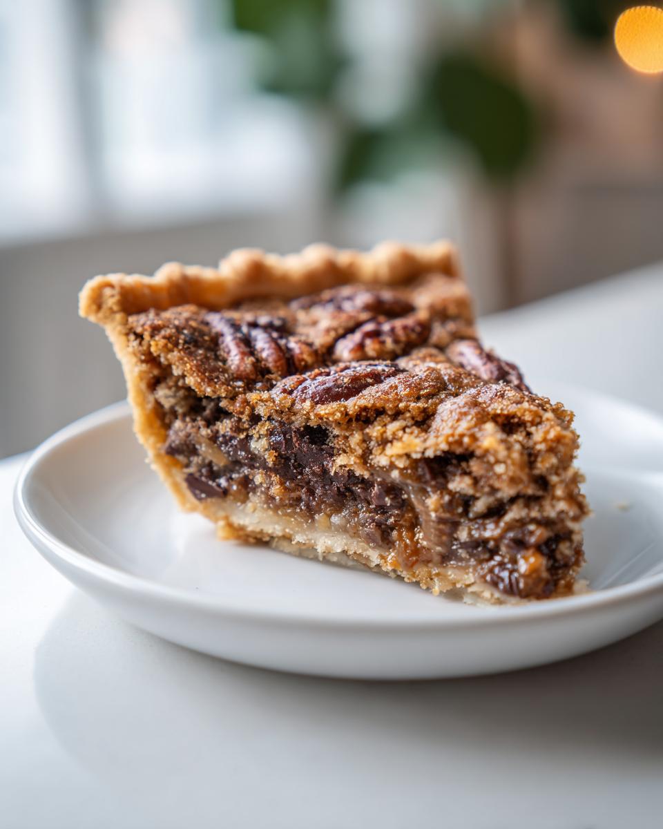 Close-up of a rich slice of texas trash pie showing the pecan topping and gooey filling on a white plate.