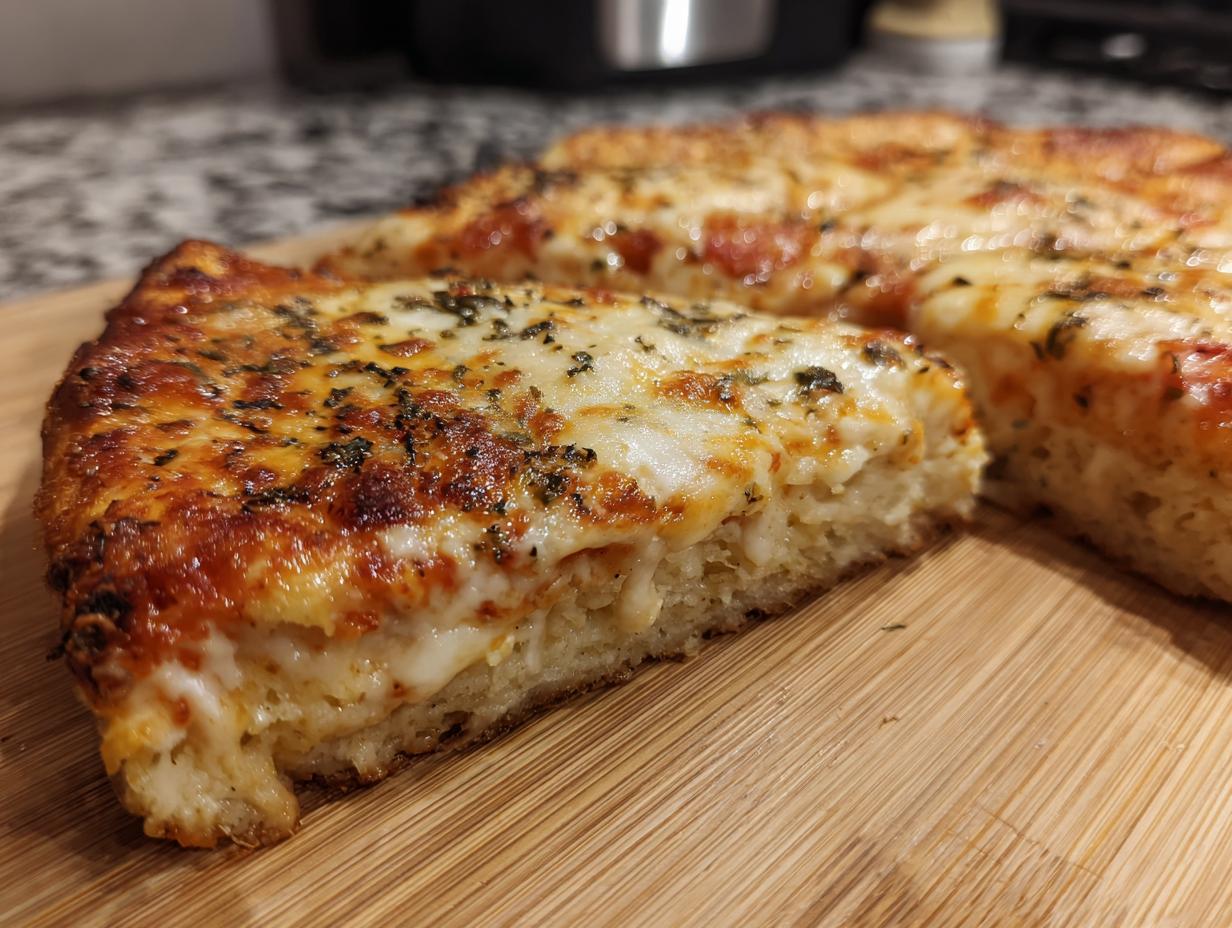 Close-up of a thick slice of pizza featuring a fluffy cottage cheese pizza crust topped with melted cheese and herbs.