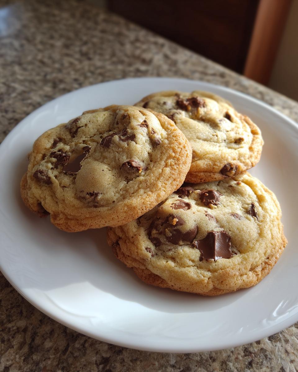 Three perfectly baked classic chocolate chip cookies piled on a white plate, showing melted chocolate chunks.