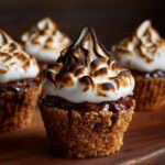A close-up of a delicious s’mores cupcakes featuring a graham cracker crust, chocolate topping, and toasted marshmallow meringue.