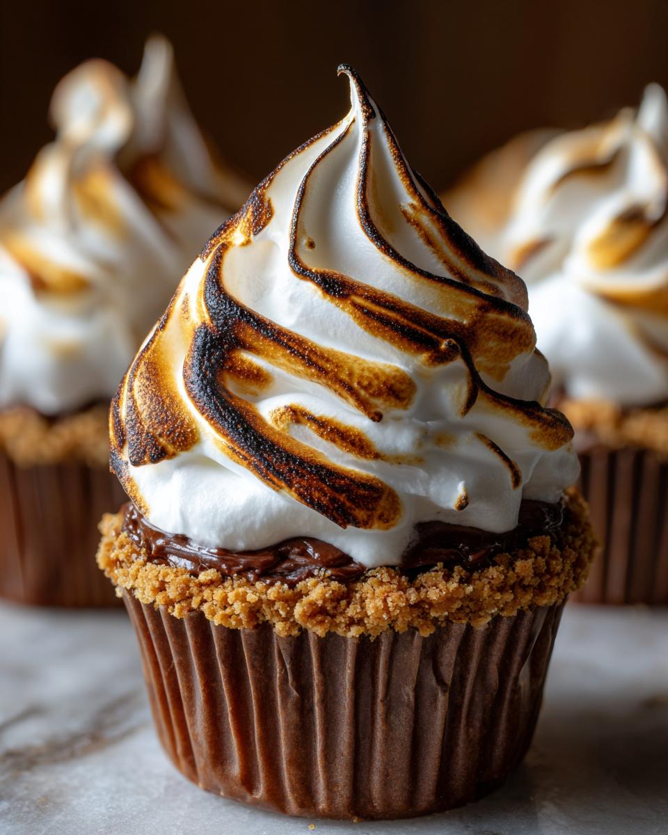 A close-up of a decadent s’mores cupcakes topped with a swirl of toasted meringue and a graham cracker crust.
