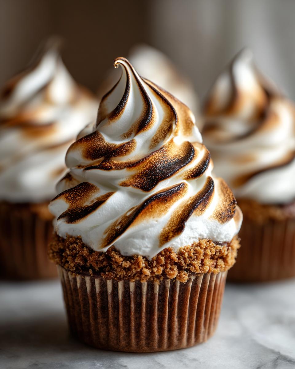 A close-up of a perfectly made s’mores cupcakes topped with swirled, toasted meringue and a graham cracker crumb rim.