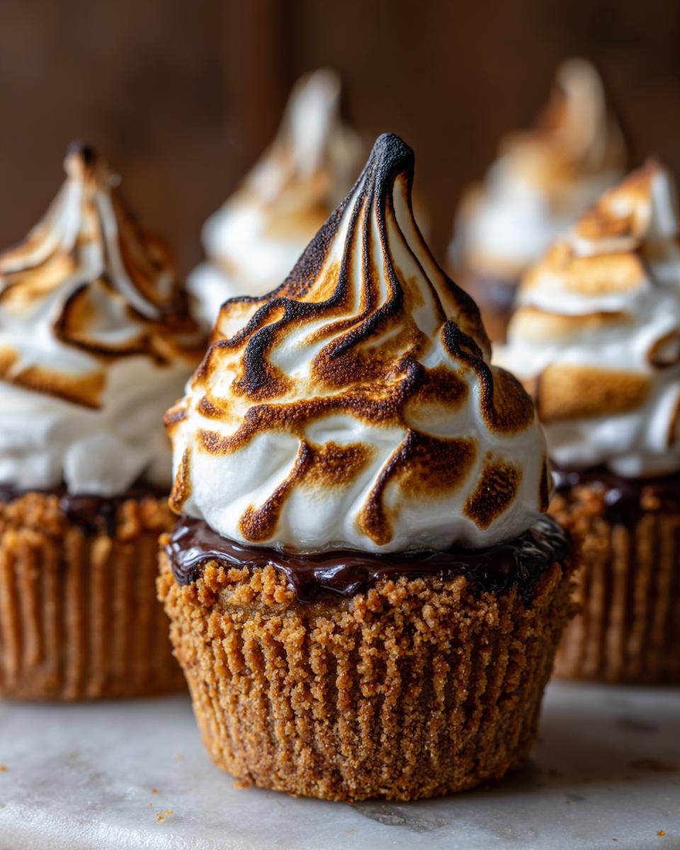 A close-up of a decadent s’mores cupcakes featuring a graham cracker crust, chocolate ganache, and a perfectly toasted meringue topping.