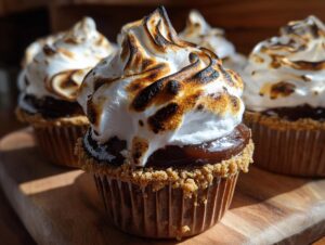 Close-up of a s’mores cupcakes featuring a graham cracker crust, chocolate filling, and toasted meringue topping.