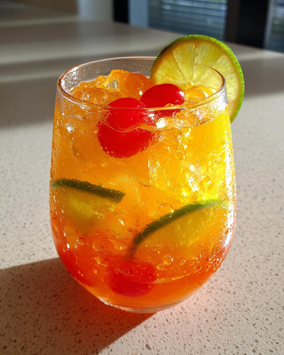 A glass filled with bright orange tropical fruit punch, crushed ice, maraschino cherries, and lime slices.