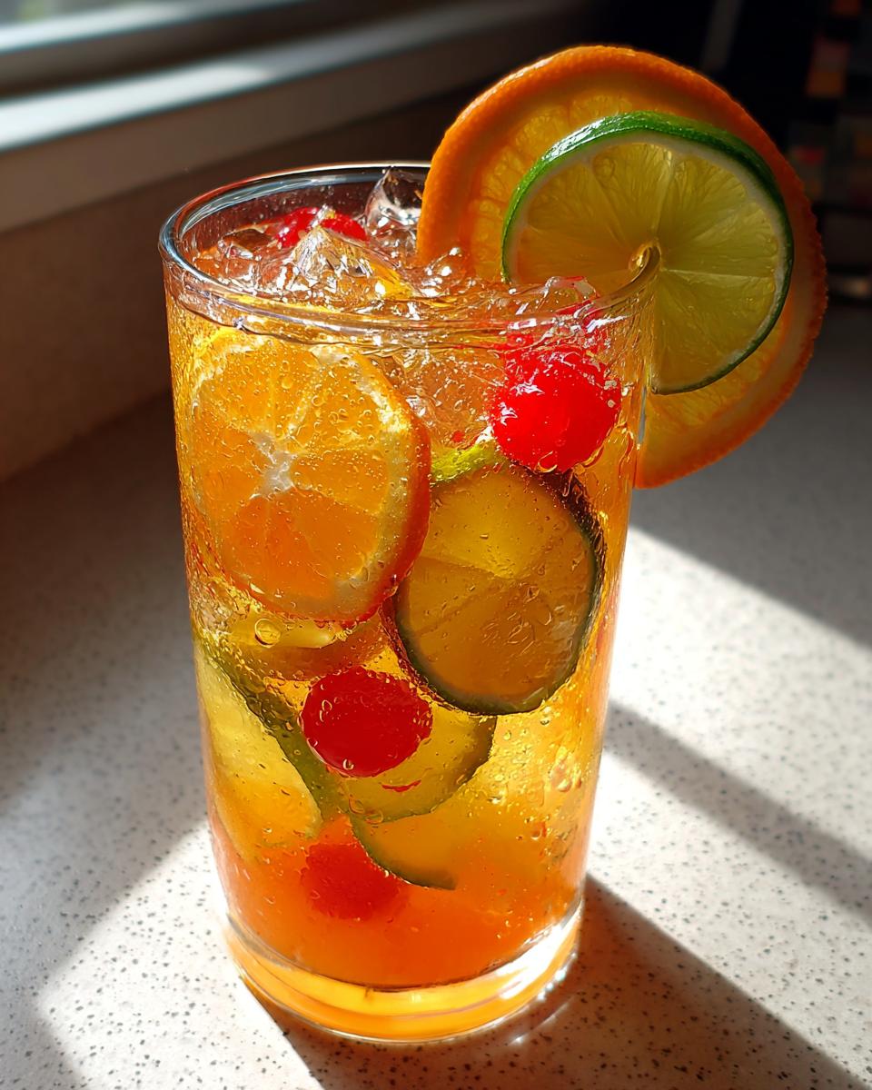 A tall glass filled with bright orange tropical fruit punch, ice, orange and lime slices, and maraschino cherries.