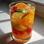 Close-up of a tall glass filled with ice, orange slices, lime wedges, and cherries, representing a vibrant tropical fruit punch.