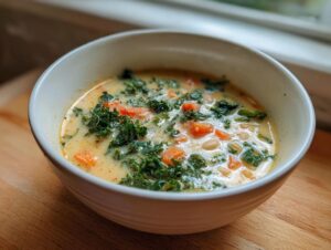A close-up of a creamy bowl of Tuscan white bean soup, featuring white beans, bright orange carrots, and dark green kale.
