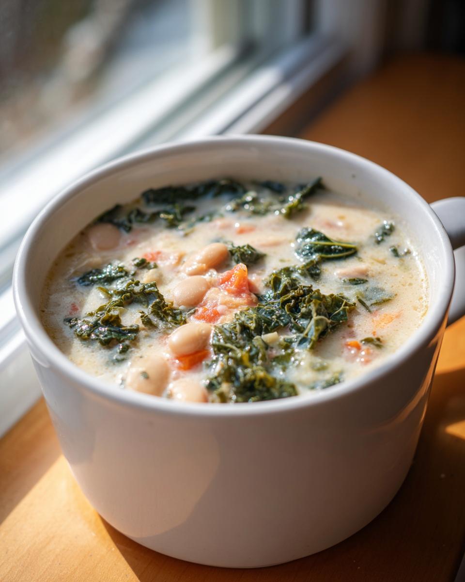 Close-up of a white mug filled with creamy Tuscan white bean soup featuring kale and beans.