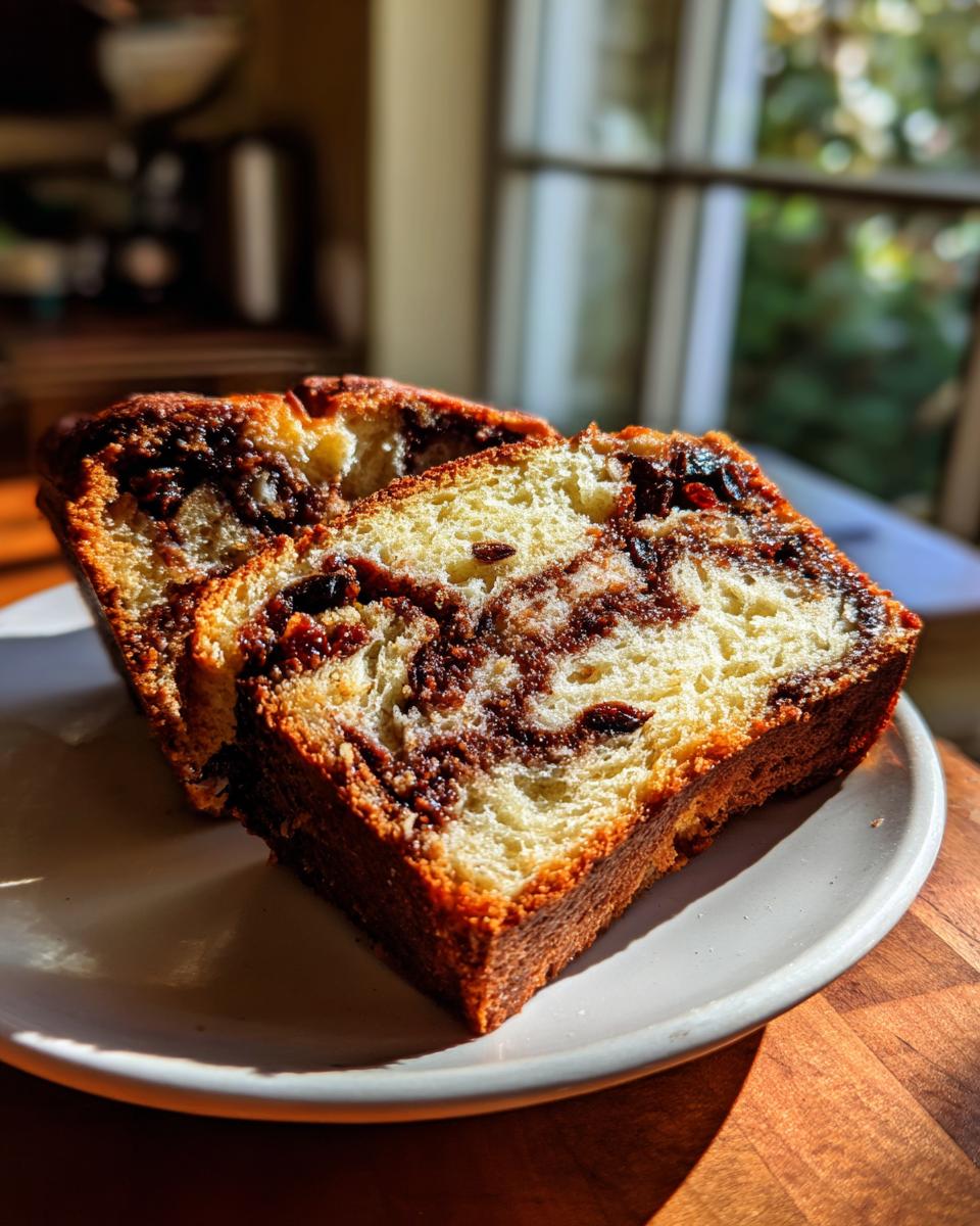 Two thick slices of soft, golden raisin bread with a rich cinnamon swirl, beautifully lit by sunlight.
