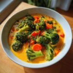 A close-up of a bowl of creamy, orange-hued broccoli cheddar soup topped with bright green broccoli florets, sliced carrots, and fresh herbs.