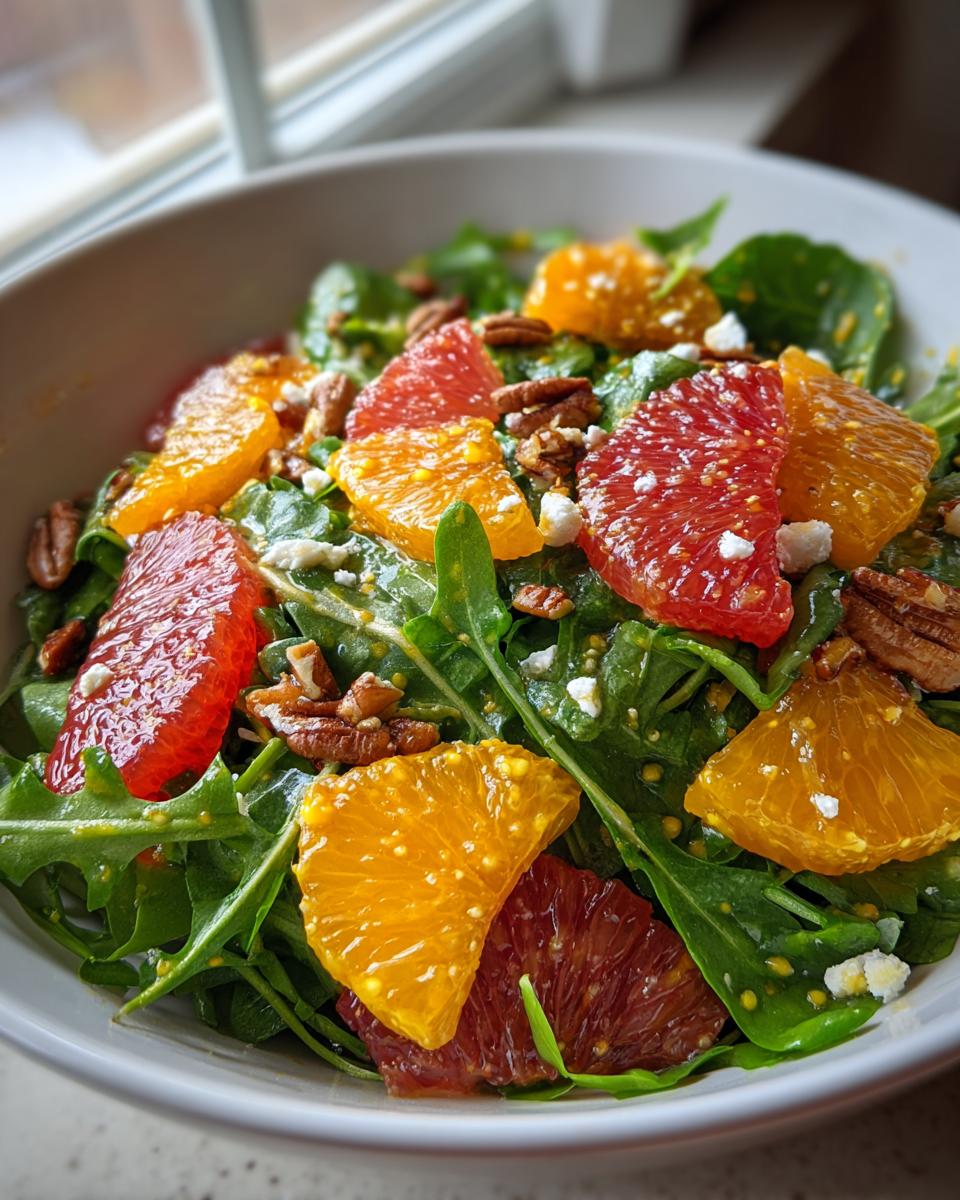 Close-up of a vibrant citrus salad featuring segments of orange and grapefruit over arugula, topped with pecans and feta cheese.
