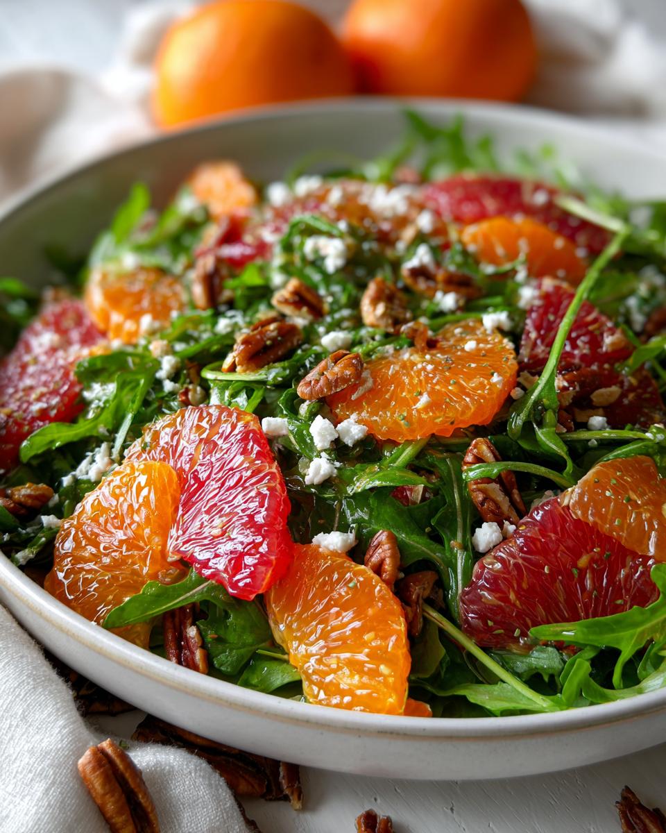 Close-up of a fresh citrus salad featuring blood orange and navel orange slices over arugula, topped with feta and pecans.