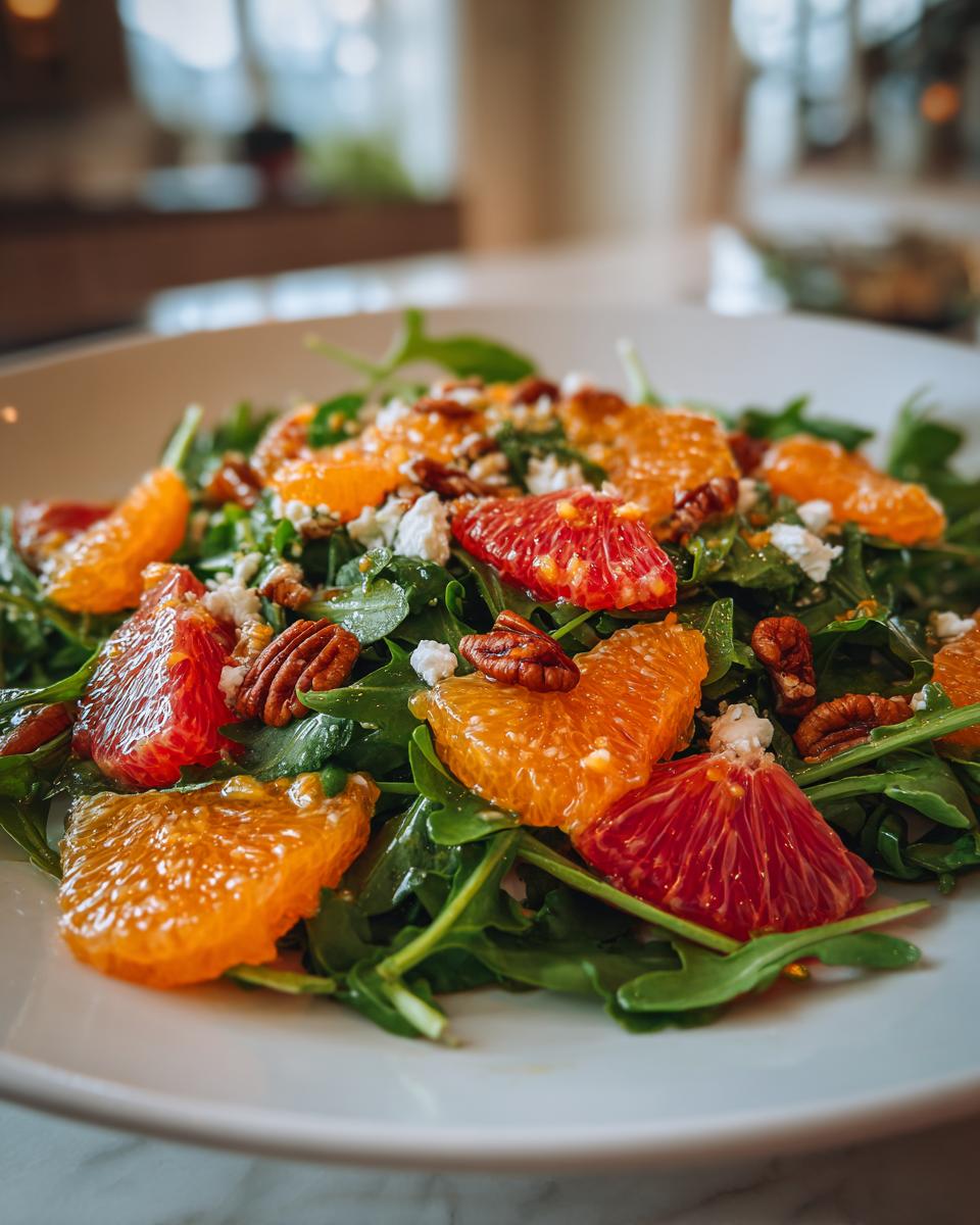 Close-up of a vibrant citrus salad featuring arugula, orange segments, blood orange slices, pecans, and crumbled cheese.