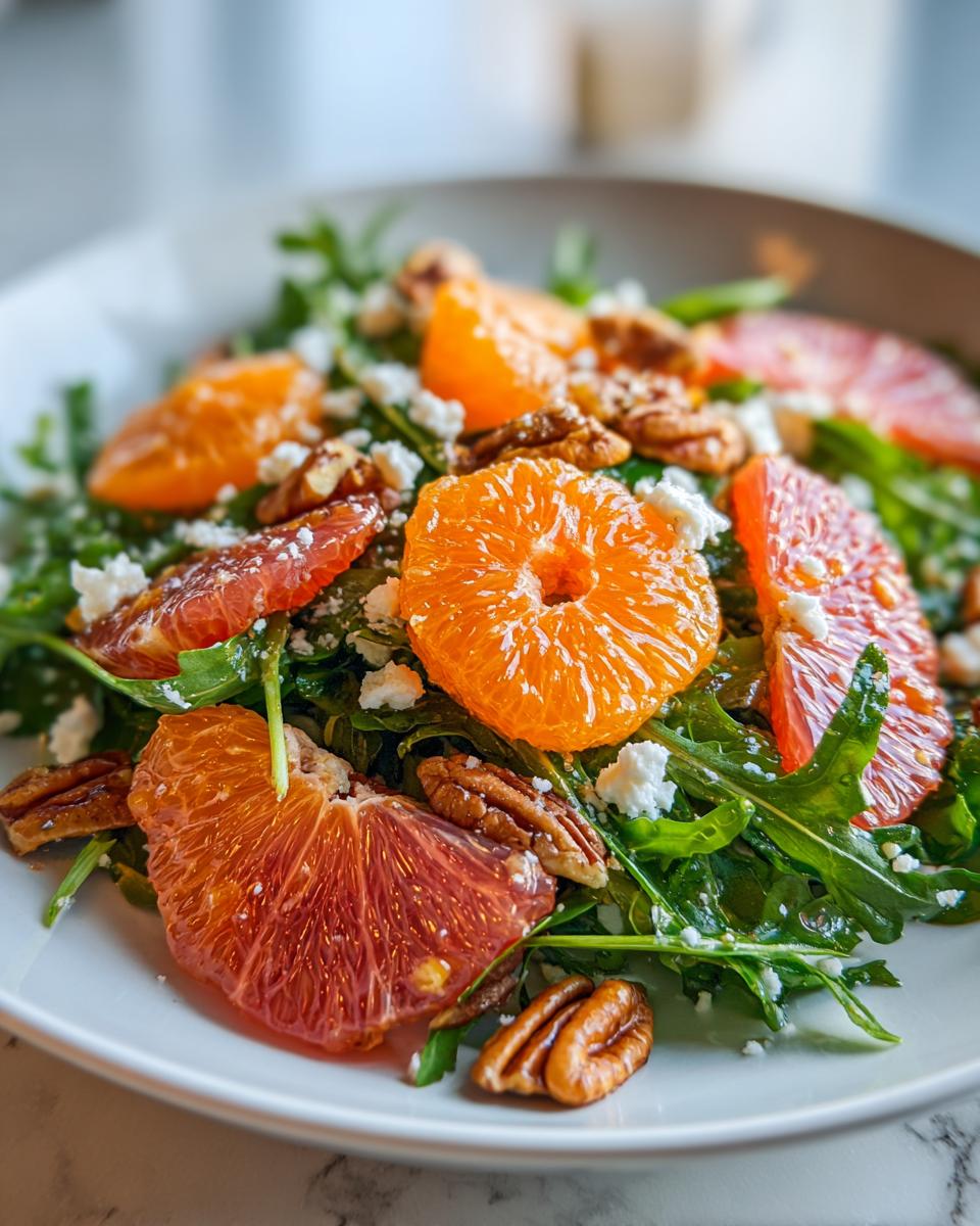 Close-up of a vibrant citrus salad featuring blood orange and mandarin slices over arugula, topped with feta and pecans.