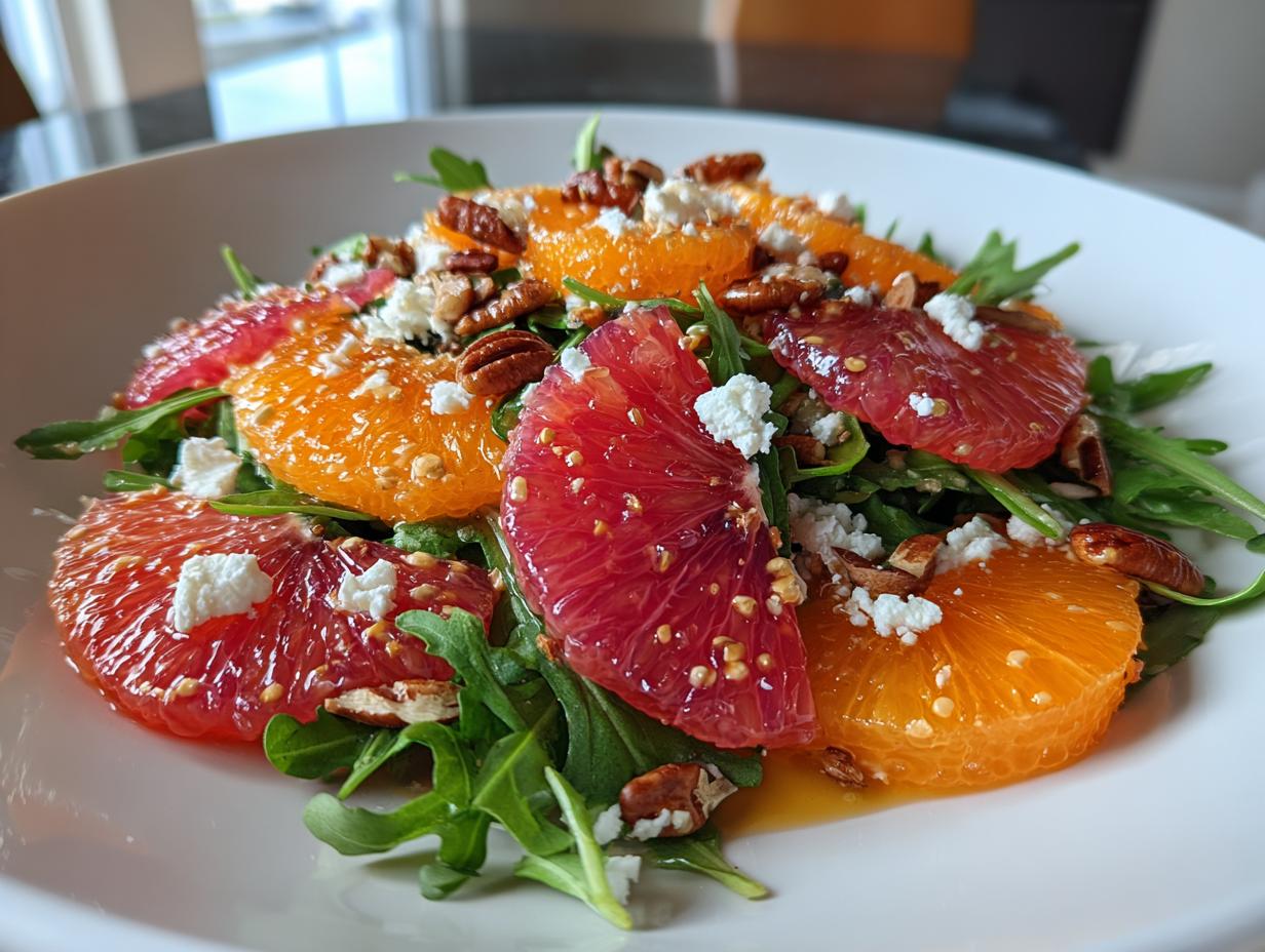 Close-up of a vibrant citrus salad featuring blood orange and navel orange slices over arugula, topped with feta cheese and pecans.