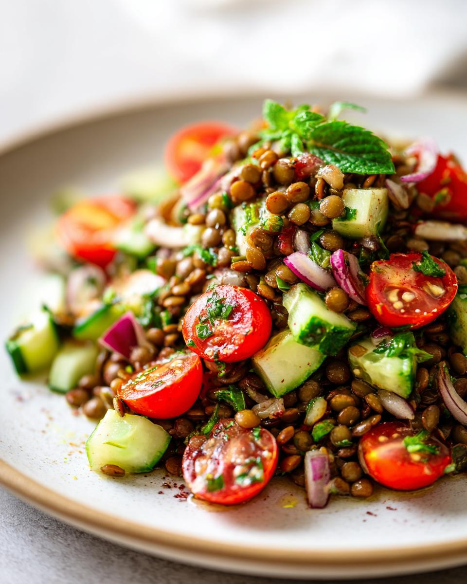 Close-up of a fresh lentil salad featuring brown lentils, halved cherry tomatoes, diced cucumber, and red onion, garnished with mint.