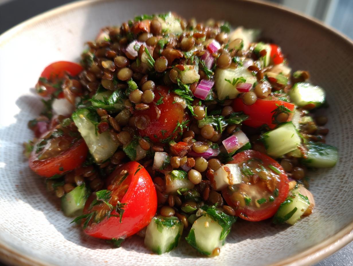 Close-up of a vibrant lentil salad featuring brown lentils, halved cherry tomatoes, diced cucumber, and red onion.