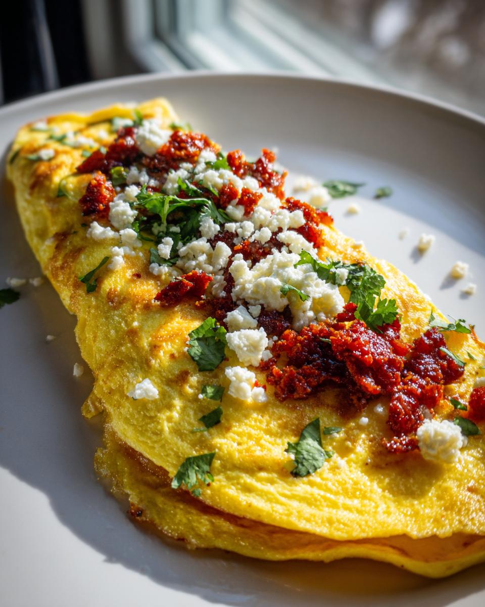 A close-up of a vibrant yellow mexican omelette recipe folded on a white plate, topped with crumbled white cheese, red chili mixture, and fresh cilantro.