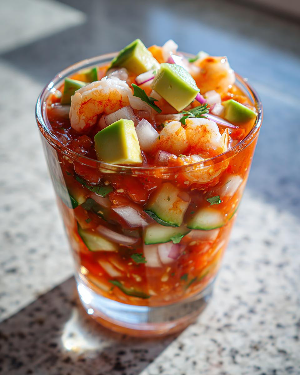 Close-up of a glass filled with vibrant mexican shrimp cocktail, topped with avocado and red onion.