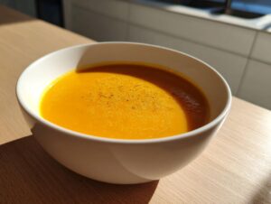 A close-up of a white bowl filled with bright orange squash soup, lightly seasoned with pepper.