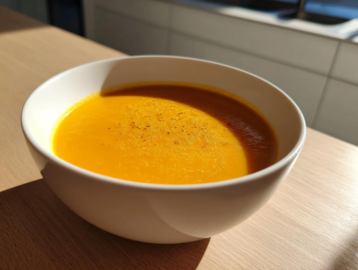 A close-up of a white bowl filled with bright orange squash soup, lightly seasoned with pepper.