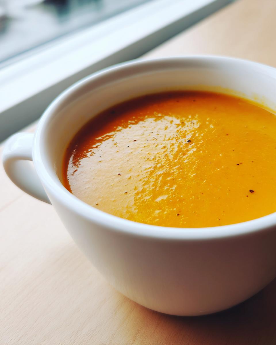 Close-up of vibrant orange squash soup served hot in a white mug next to a bright window.